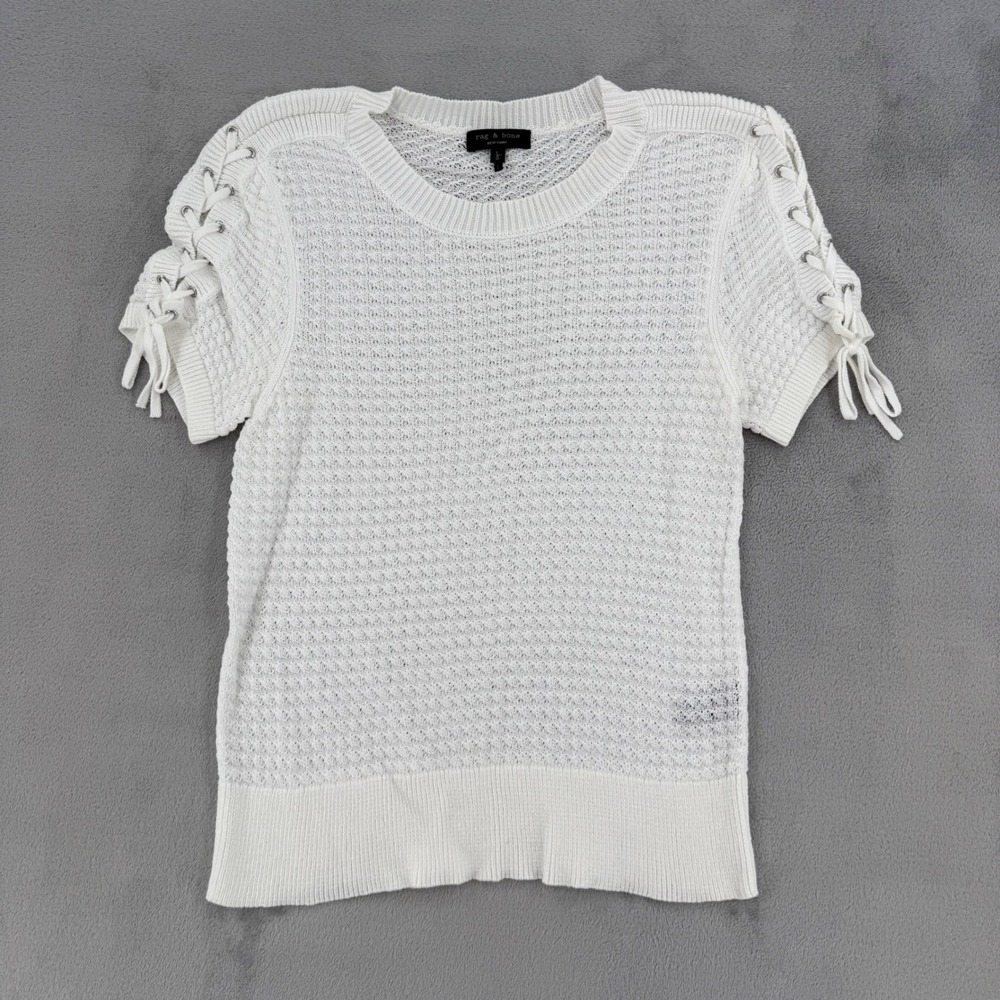 Rag & Bone Womens L White Mercerized Cotton Lace Up Sleeve Knit Sweater Top